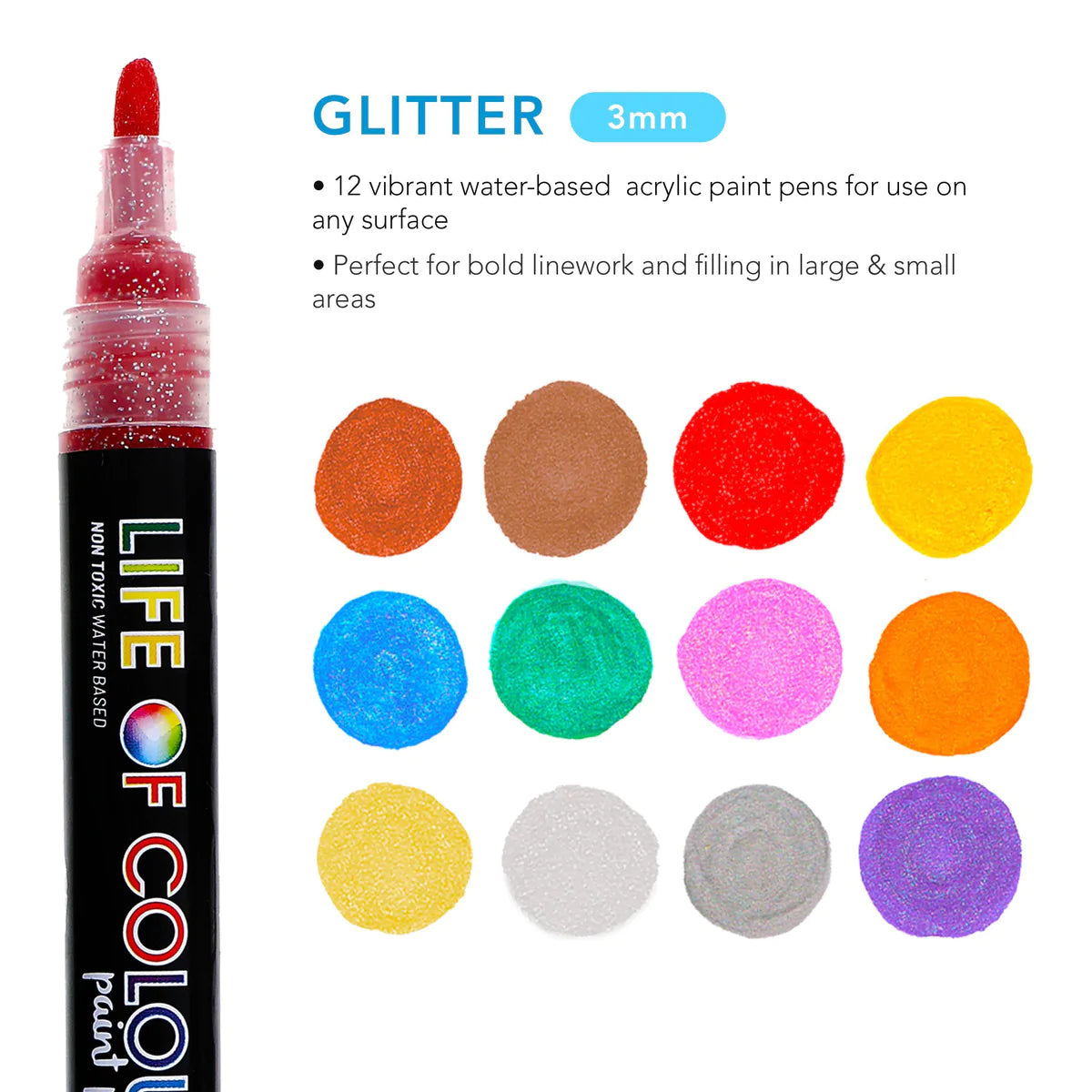 Medium Tip Acrylic Paint Pens - Set of 12 - Glitter