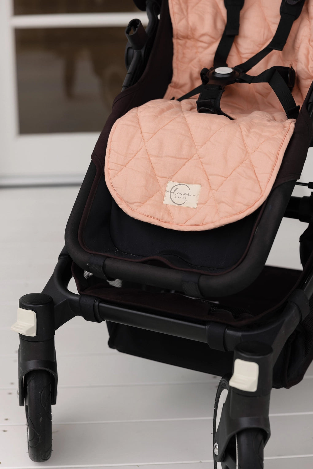 Linen Pram Liner - Coral and Gingham Natural