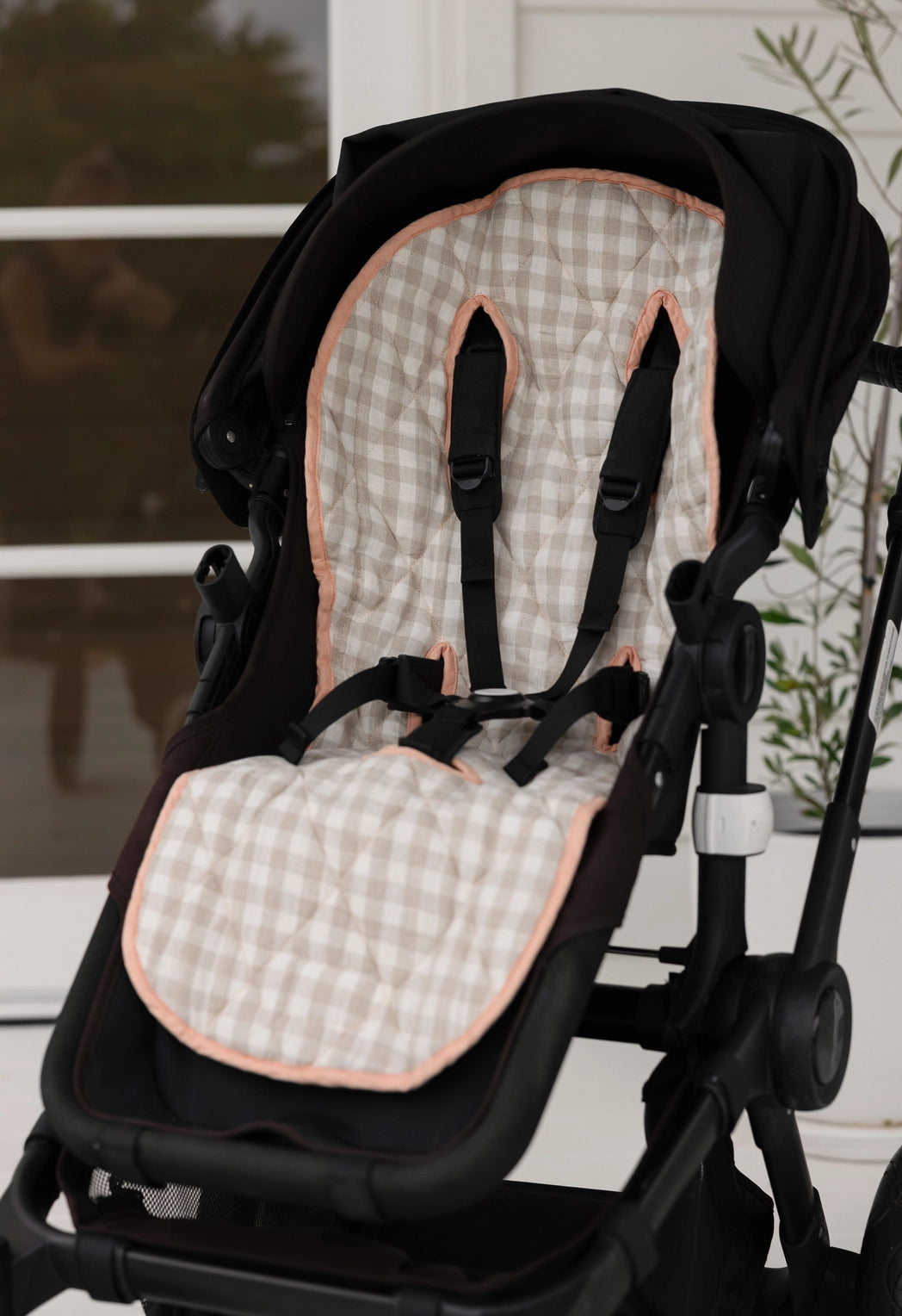 Linen Pram Liner - Coral and Gingham Natural