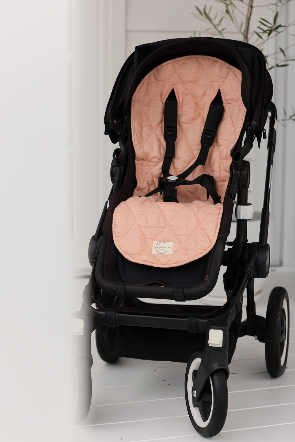 Linen Pram Liner - Coral and Gingham Natural