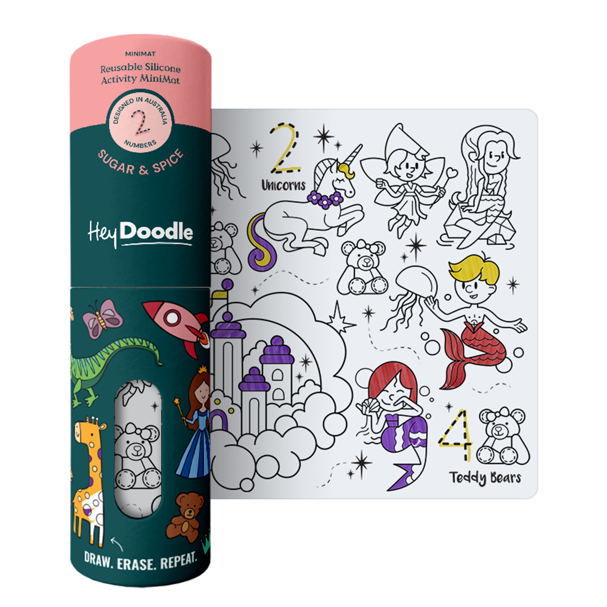 HeyDoodle mini mat sugar and spice with illustrations of unicorns, castle, mermaids, fairy, teddy bear.