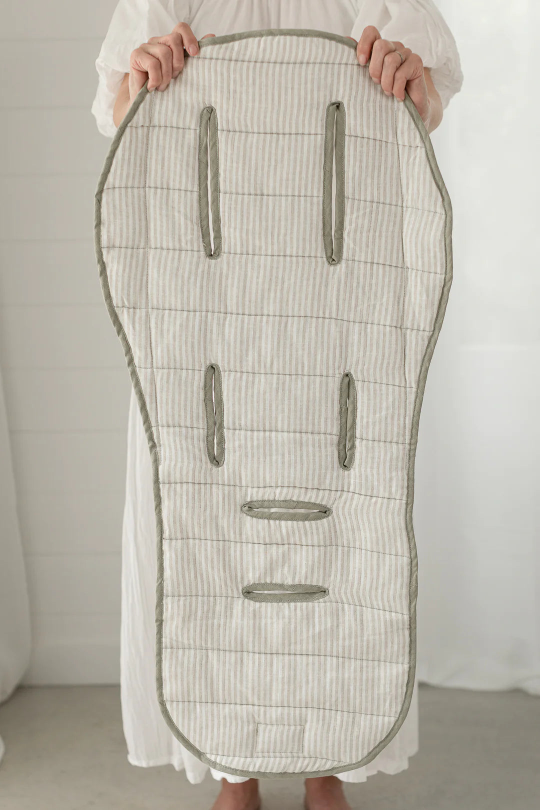 Linen Pram Liner - Soft Sage and Pinstripe