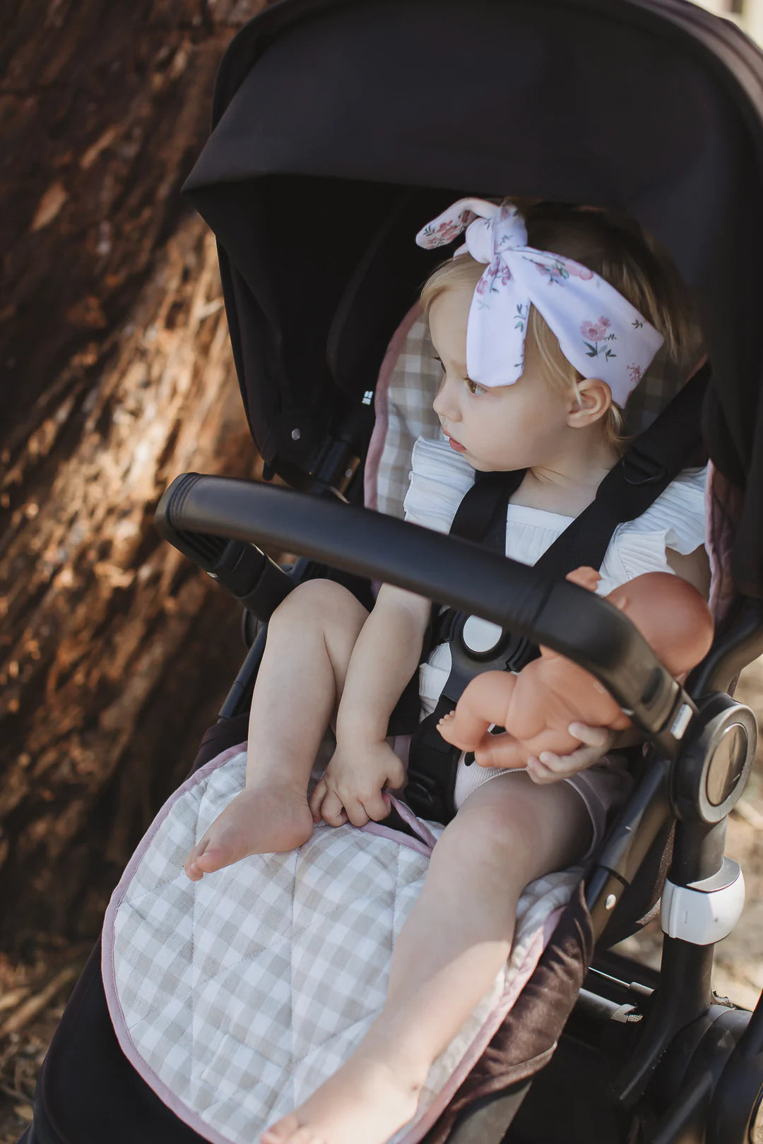 Linen Pram Liner - Dusty Rose and Gingham