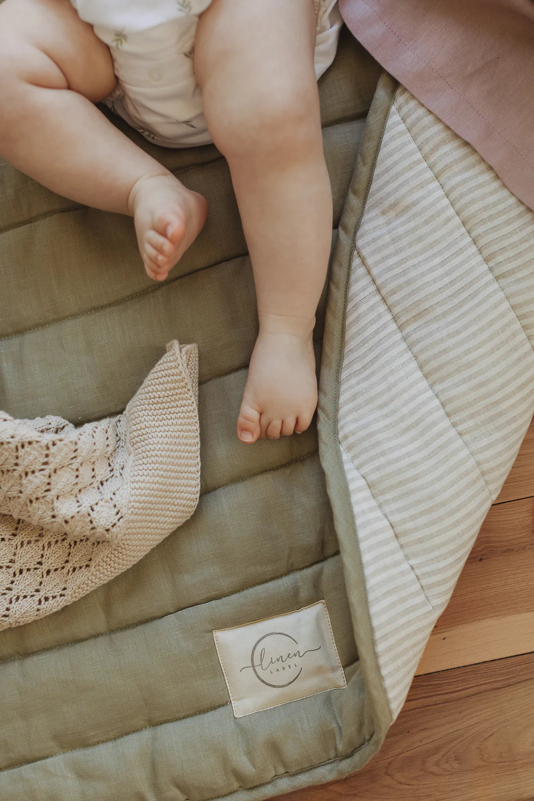 Linen Play Mat - Soft Sage and Pinstripe
