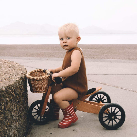 kinderfeets trike for toddlers with cane basket on front.