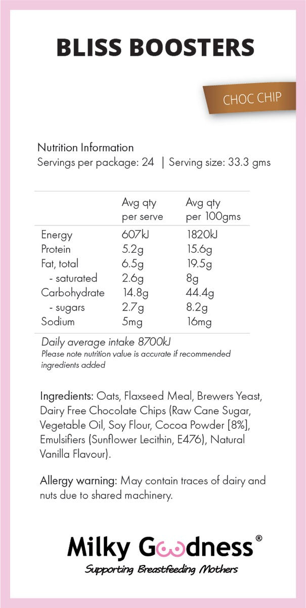 Lactation Bliss Booster Packet Mix - Choc Chip - Dairy Free