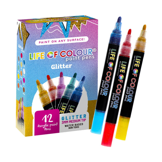 Medium Tip Acrylic Paint Pens - Set of 12 - Glitter
