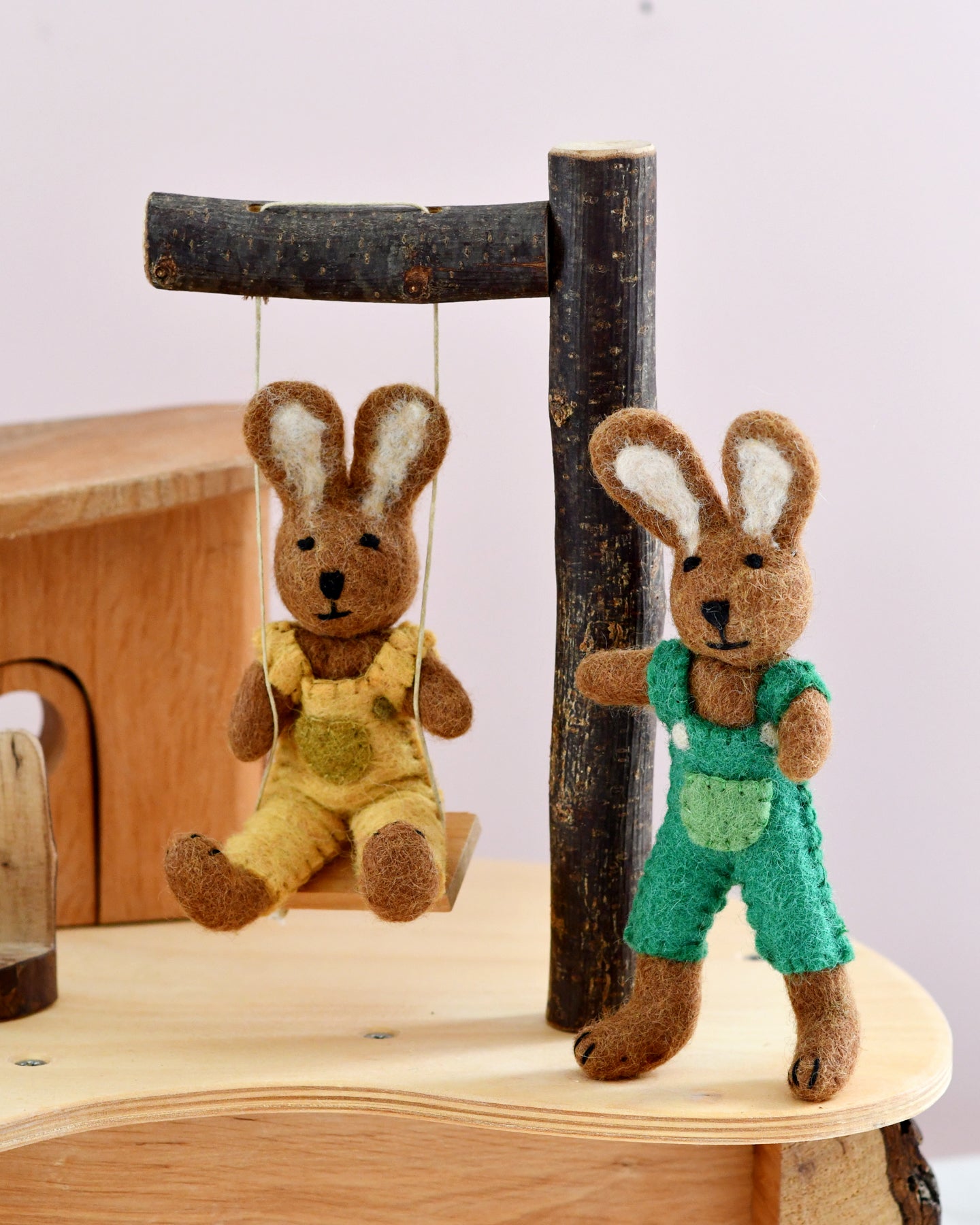 Felt Brown Hare Rabbit with Green Overalls Toy