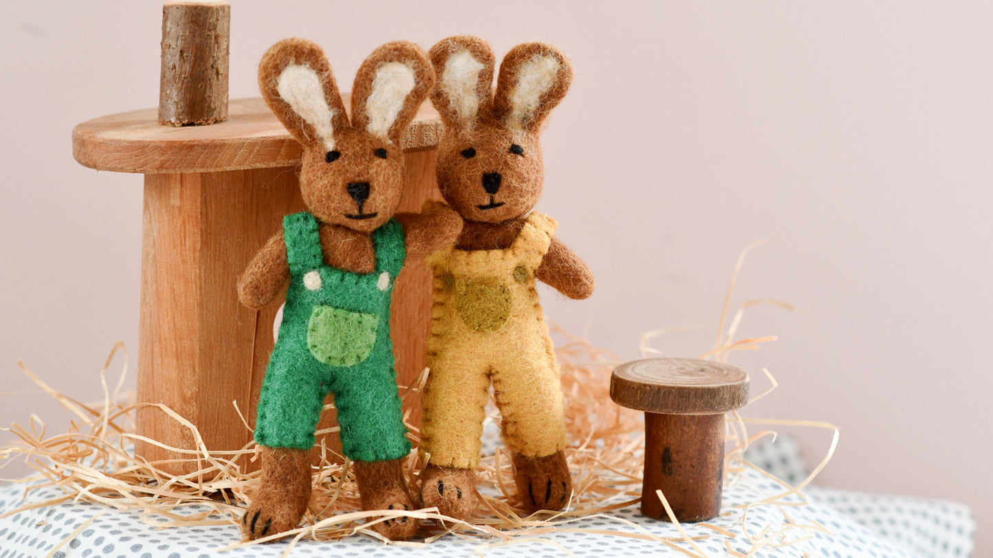 Felt Brown Hare Rabbit with Mustard Yellow Overalls Toy