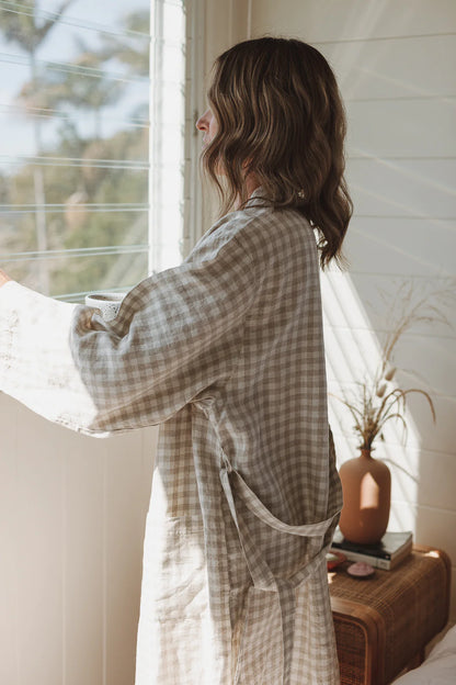 French Linen Robe - Oat Gingham