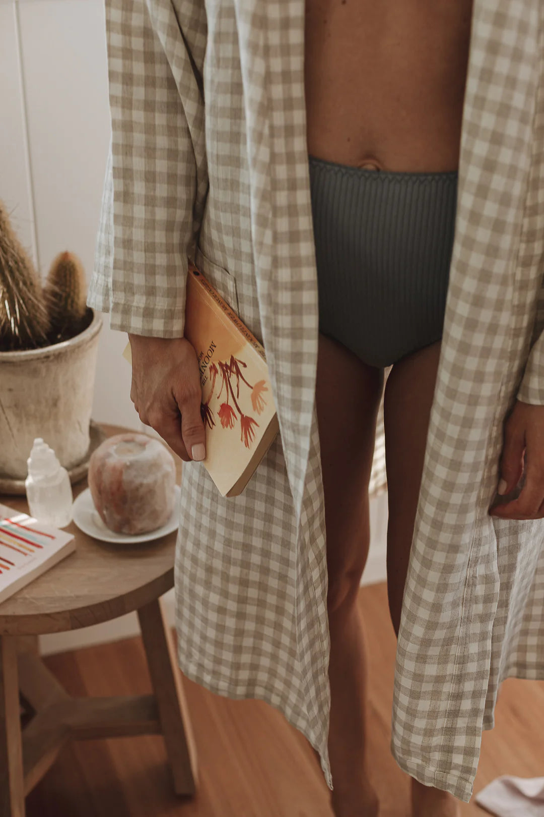 French Linen Robe - Oat Gingham