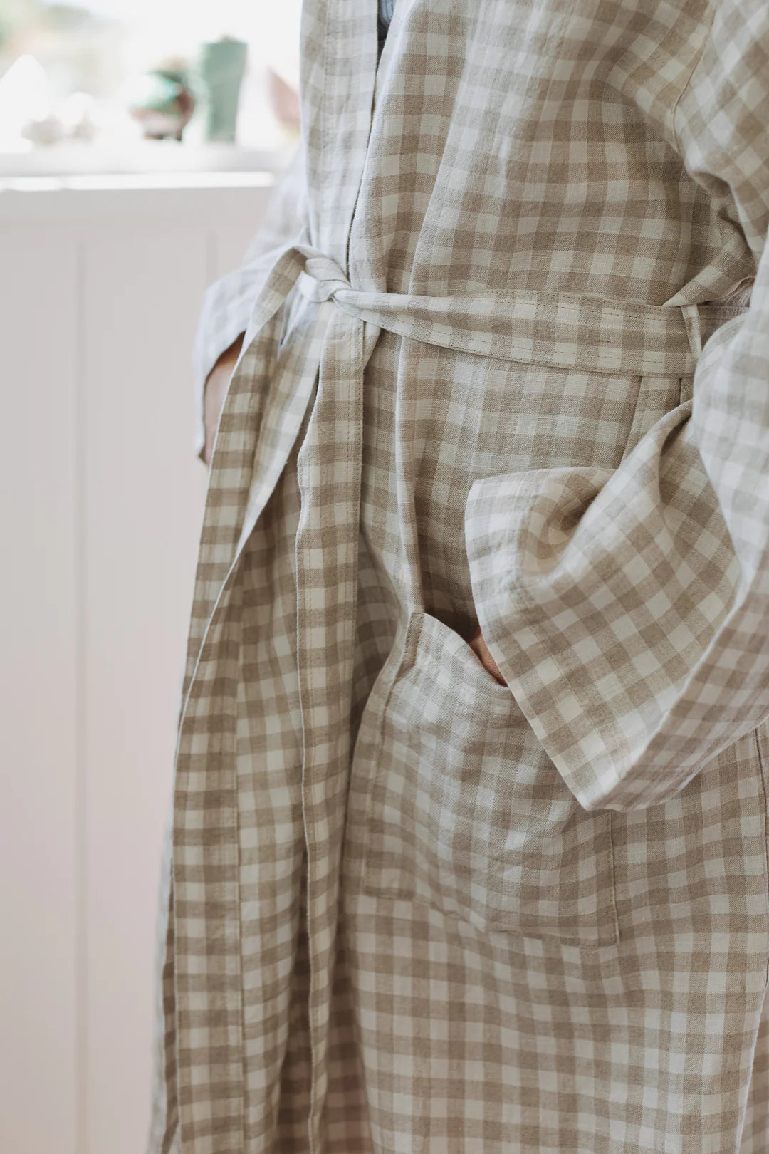 French Linen Robe - Oat Gingham
