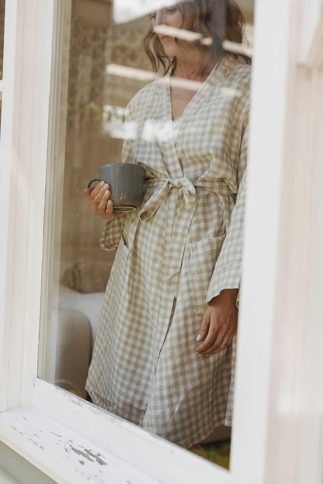 French Linen Robe - Oat Gingham