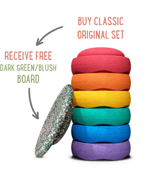 CHRISTMAS PROMO - Stapelstein Balance Stepping Stones - Original size, Set of 6, Rainbow Classic + FREE Balance Board