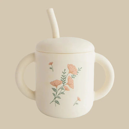 Silicone Training Cup and Straw - Pink Flowers