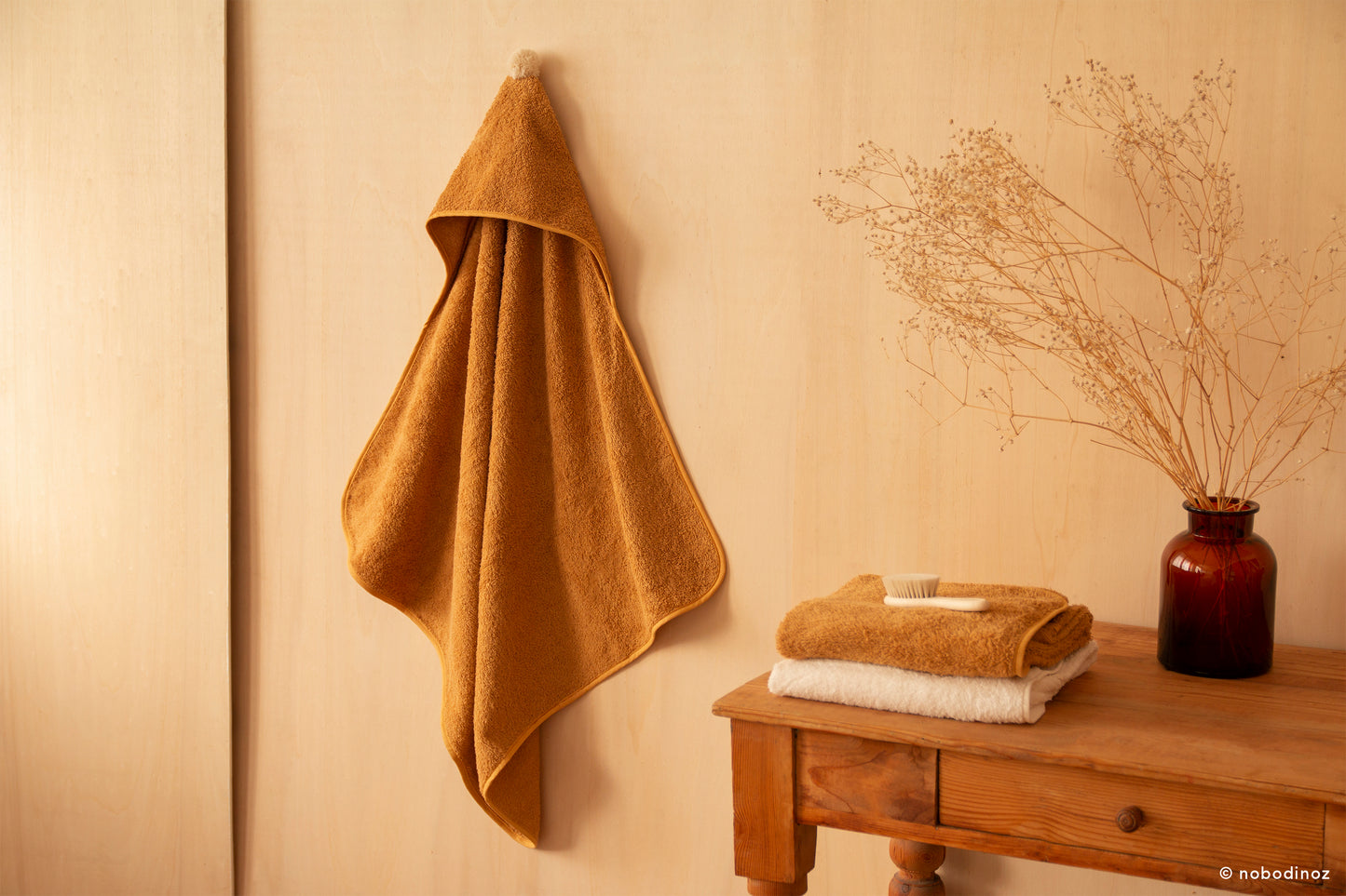 Baby Bath Set - Hooded Towel, Wash Mitt and Brush - Caramel