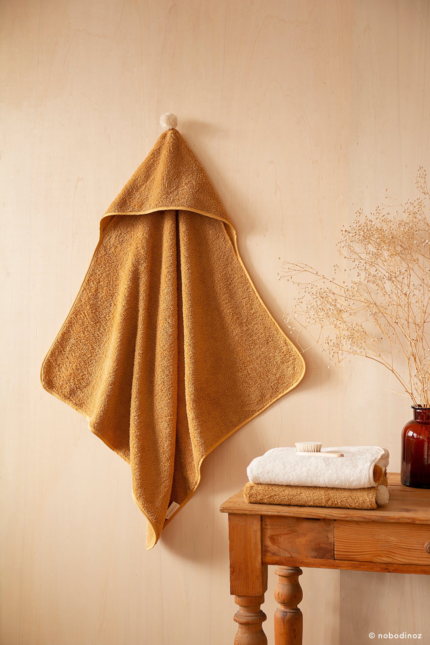 Baby Bath Set - Hooded Towel, Wash Mitt and Brush - Caramel