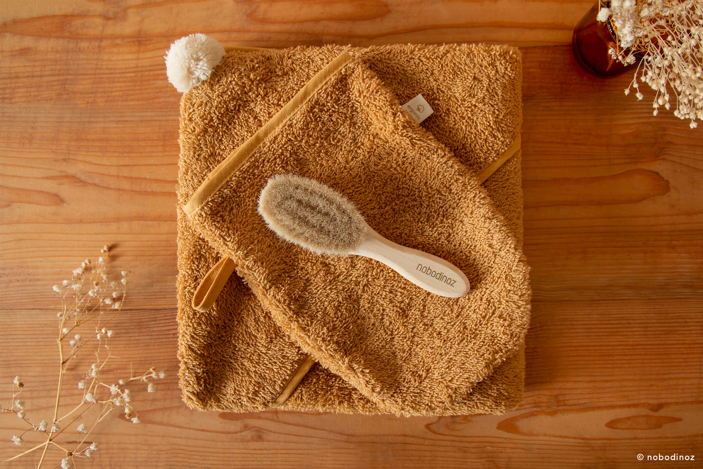 Baby Bath Set - Hooded Towel, Wash Mitt and Brush - Caramel