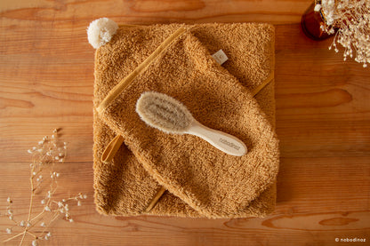 Baby Bath Set - Hooded Towel, Wash Mitt and Brush - Caramel