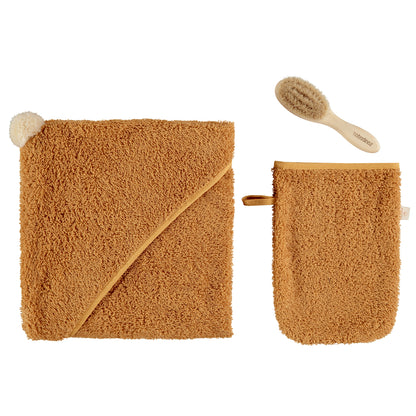 Baby Bath Set - Hooded Towel, Wash Mitt and Brush - Caramel
