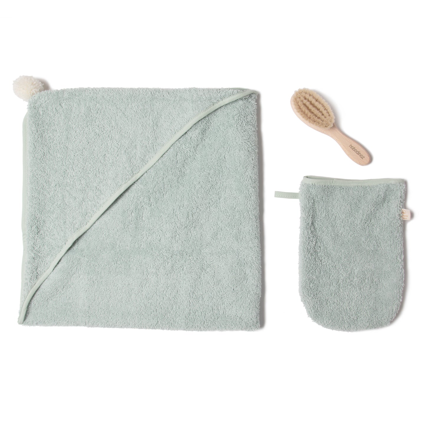 Baby Bath Set - Hooded Towel, Wash Mitt and Brush - Green