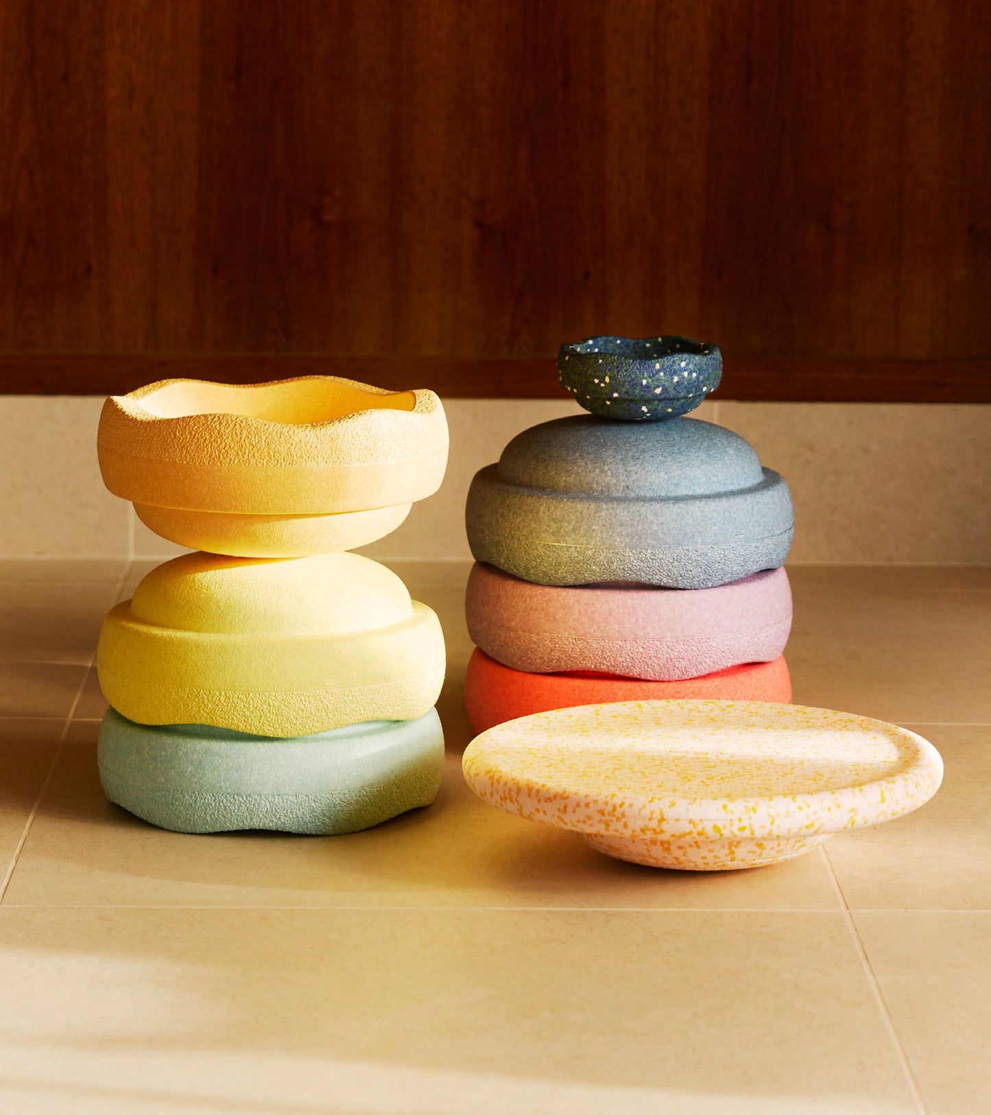 LIMITED EDITION EASTER PROMO - Stapelstein Balance Stepping Stones - Original size, Set of 6, Rainbow Pastel + Mini Pond & Petal Balance Board