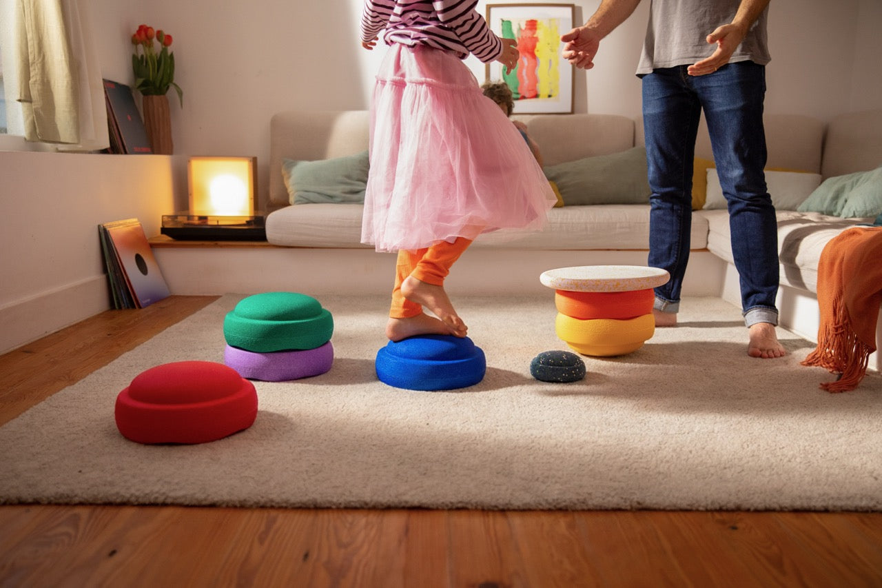 LIMITED EDITION EASTER PROMO - Stapelstein Balance Stepping Stones - Original size, Set of 6, Rainbow Classic + Mini Pond & Petal Balance Board