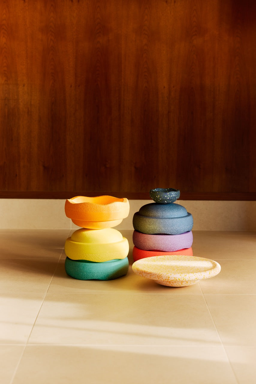 LIMITED EDITION EASTER PROMO - Stapelstein Balance Stepping Stones - Original size, Set of 6, Rainbow Classic + Mini Pond & Petal Balance Board