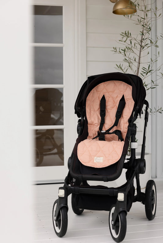 Linen Pram Liner - Coral and Gingham Natural