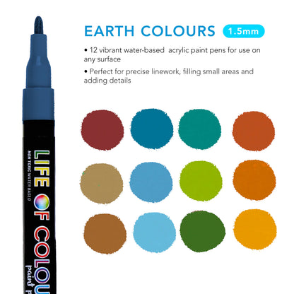 Fine Tip Acrylic Paint Pens - Set of 12 - Earth