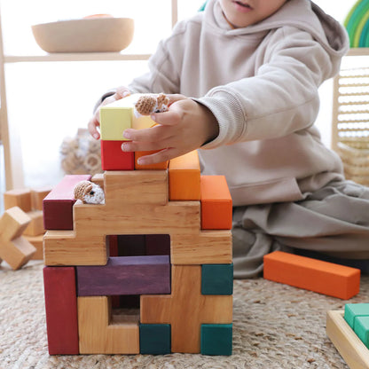 Grimm's Building Set Stairway with 19 natural alder wood building blocks for imaginative open-ended play.