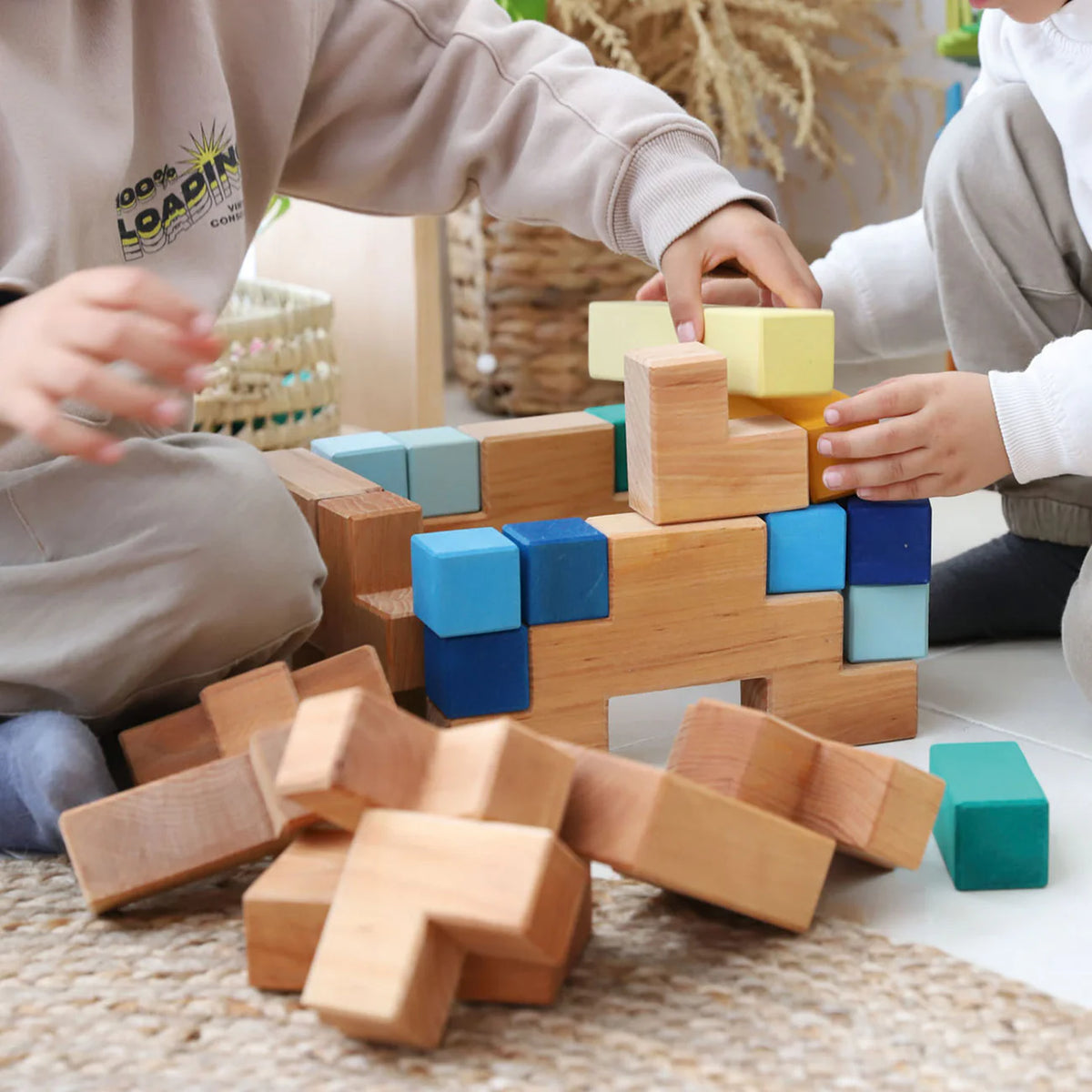 Grimm's Building Set Stairway with 19 natural alder wood building blocks for imaginative open-ended play.