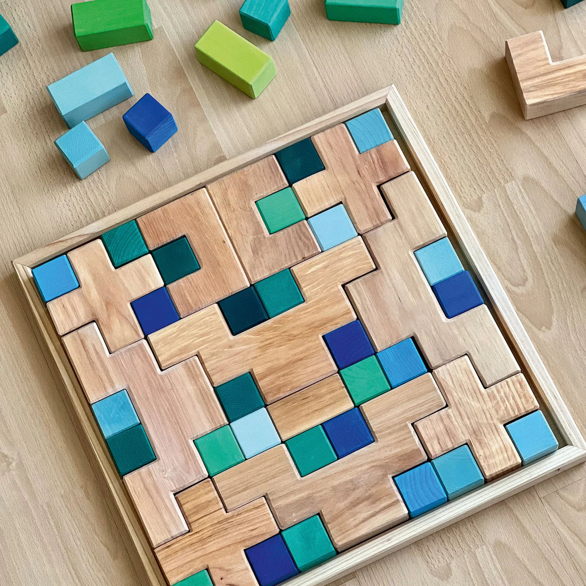 Grimm's Building Set Stairway with 19 natural alder wood building blocks for imaginative open-ended play.