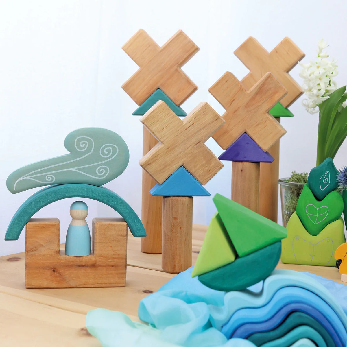 Grimm's Building Set Stairway with 19 natural alder wood building blocks for imaginative open-ended play.