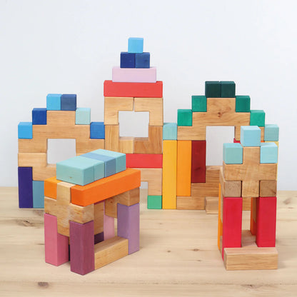 Grimm's Building Set Stairway with 19 natural alder wood building blocks for imaginative open-ended play.
