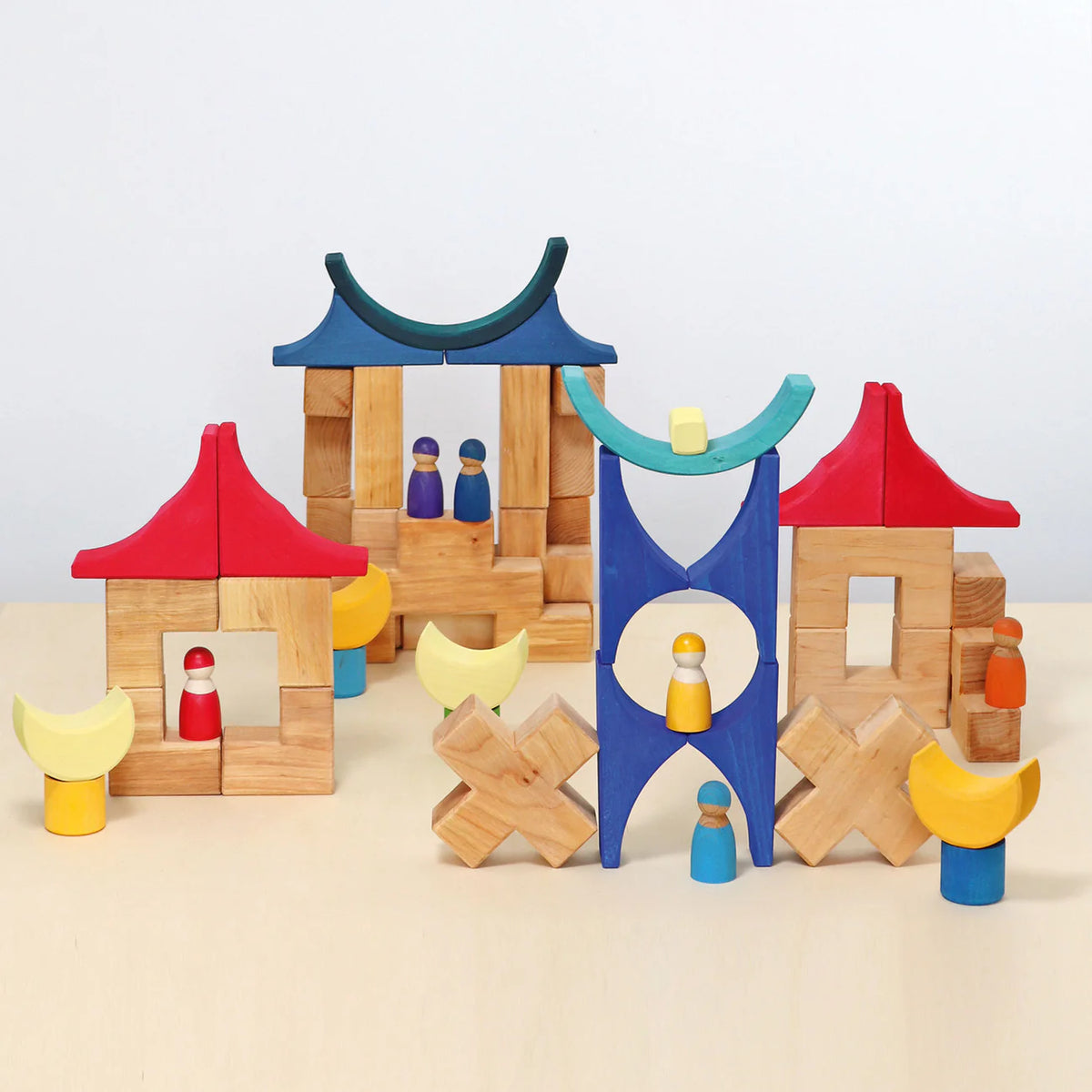 Grimm's Building Set Stairway with 19 natural alder wood building blocks for imaginative open-ended play.