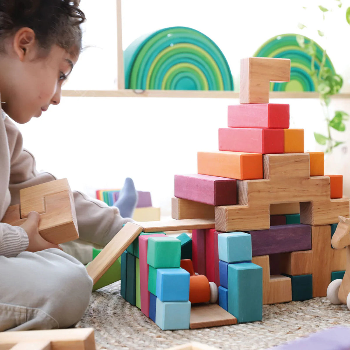 Grimm's Building Set Stairway with 19 natural alder wood building blocks for imaginative open-ended play.