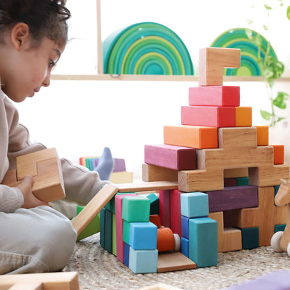 Grimm's Building Set Stairway with 19 natural alder wood building blocks for imaginative open-ended play.