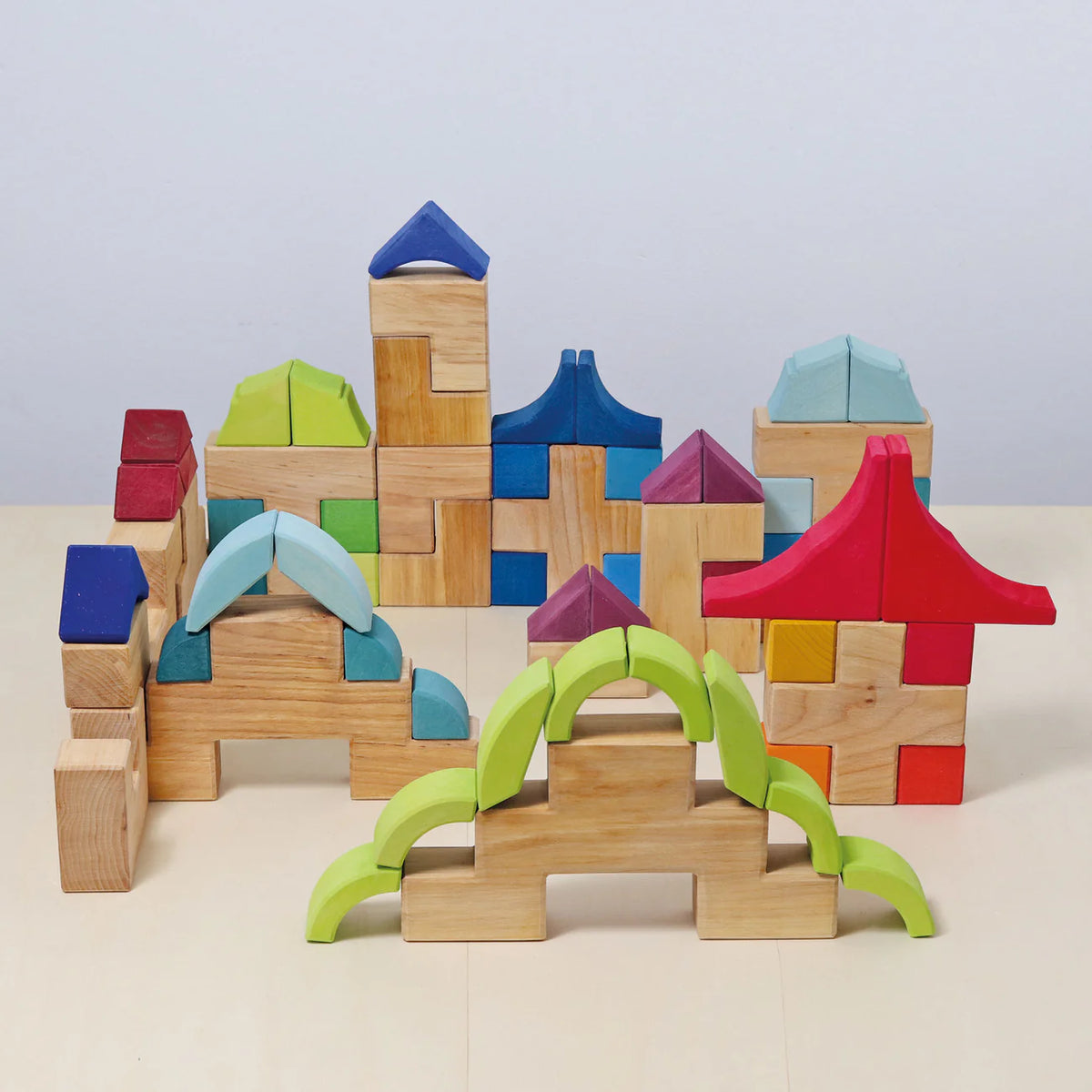 Grimm's Building Set Stairway with 19 natural alder wood building blocks for imaginative open-ended play.