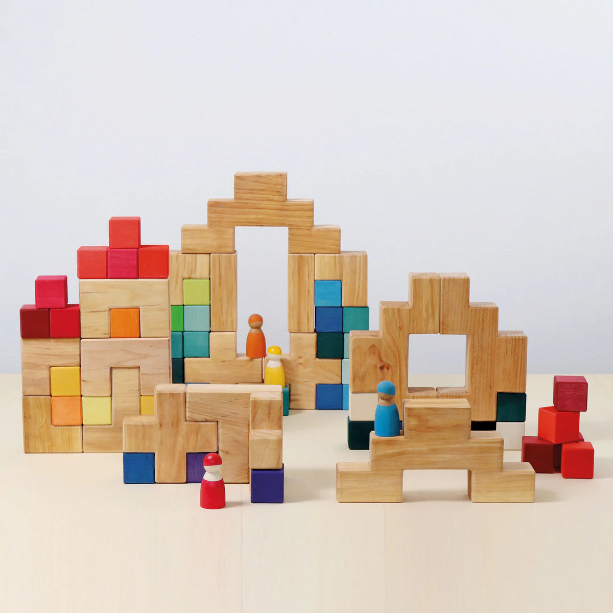 Grimm's Building Set Stairway with 19 natural alder wood building blocks for imaginative open-ended play.