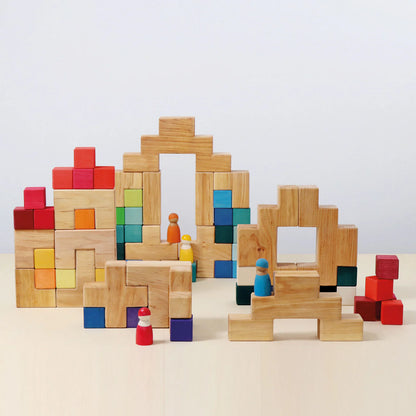 Grimm's Building Set Stairway with 19 natural alder wood building blocks for imaginative open-ended play.
