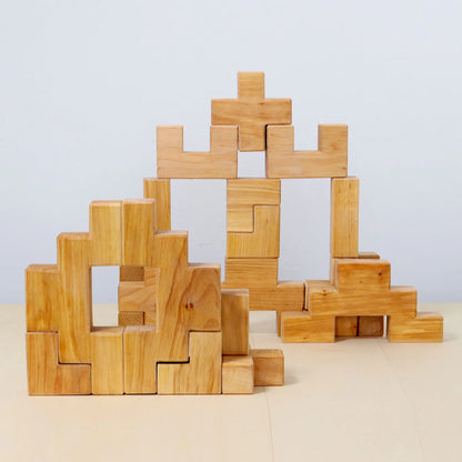 Grimm's Building Set Stairway with 19 natural alder wood building blocks for imaginative open-ended play.