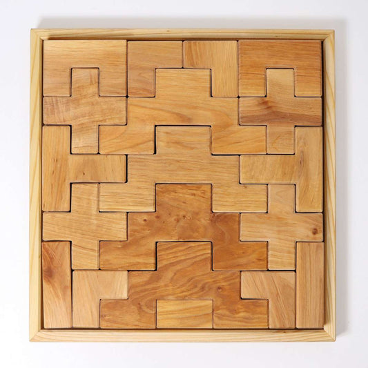 Grimm's Building Set Stairway with 19 natural alder wood building blocks for imaginative open-ended play.