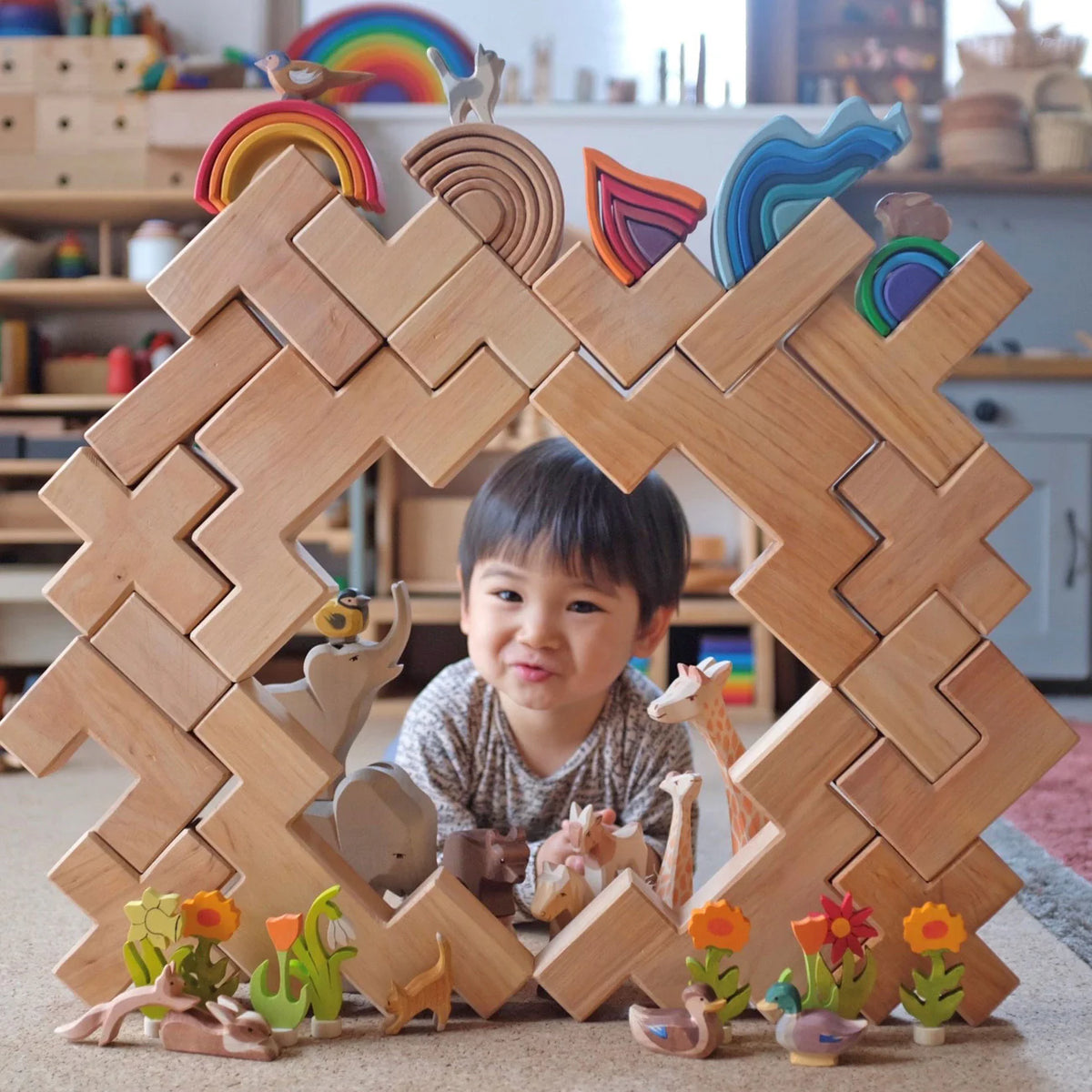 Grimm's Building Set Stairway with 19 natural alder wood building blocks for imaginative open-ended play.