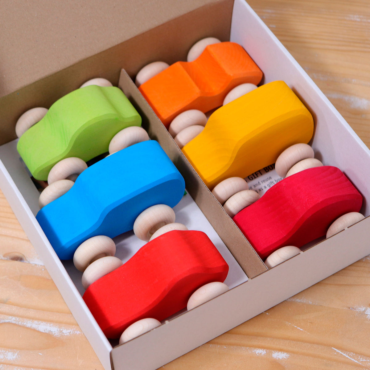 Grimm's Coloured Wooden Cars set of six handcrafted wooden vehicles for imaginative open-ended play.