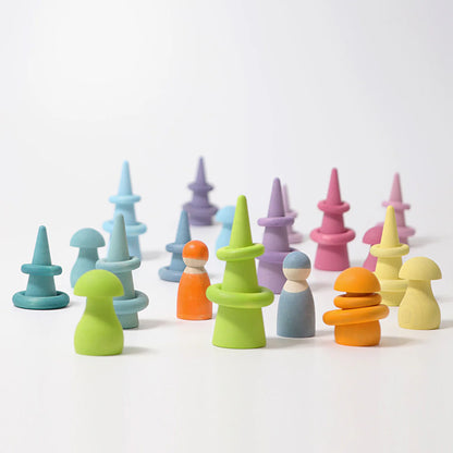 Grimm's Pastel Forest featuring 12 handcrafted wooden trees in soft pastel colours for small world play, imaginative storytelling and open-ended learning.