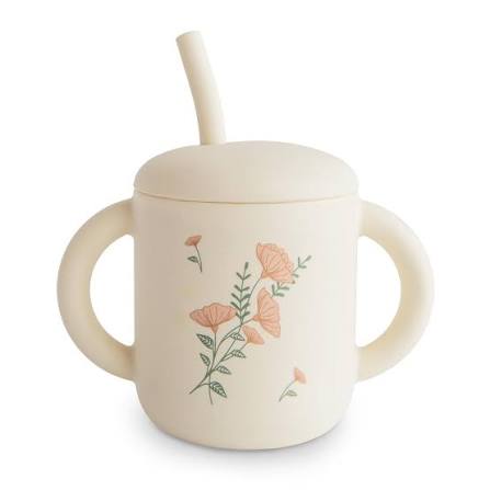 Silicone Training Cup and Straw - Pink Flowers