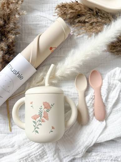 Silicone Training Cup and Straw - Pink Flowers