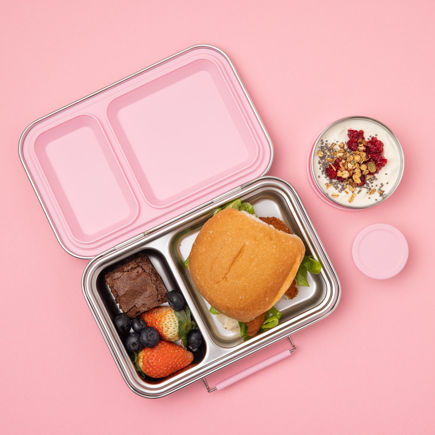 Two Compartment Leak Proof Stainless Steel Lunchbox - Pink