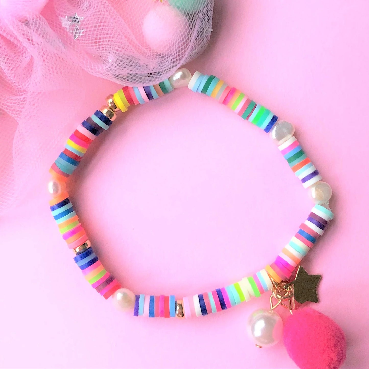 Bracelet - Rainbow with Pom Pom and Pearl